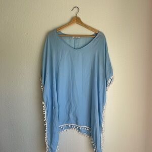 Light Blue Poncho Swimsuit Coverup with Pom Pom Trim